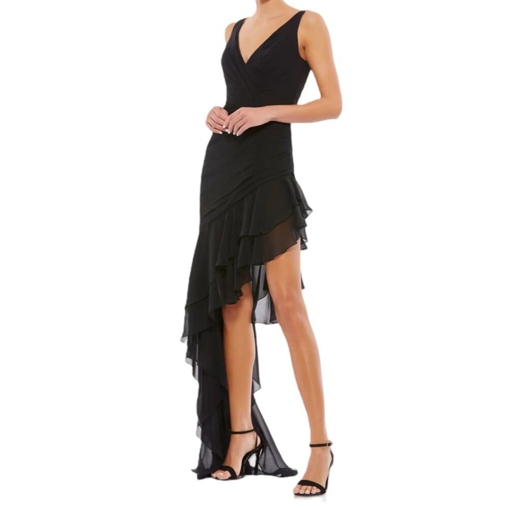 Mac Duggal Black Asymmetrical Ruffled V-Neck Chiffon Dress 49487 Women’s Sz 4